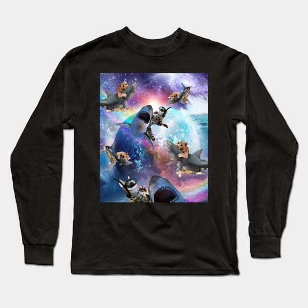 Space Cat Riding Shark, Galaxy Rainbow Cats On Sharks Long Sleeve T-Shirt by Random Galaxy